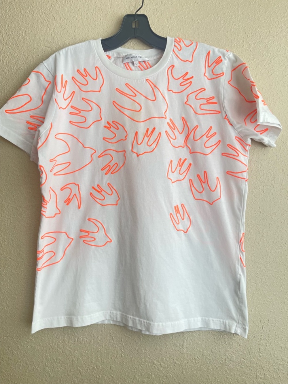 Alexander McQueen White and Orange Embroidered Swallow T-Shirt